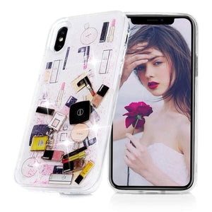 iPhone Xs Max Glitter Case, Liquid Floating, Cosmetic Makeup Lipstick Perfume Patterned,Soft TPU Bumper Frame PC Shell, Quicksand Bling Case for Girls (Hot Pink,iPhone Xs Max 6.5inch)