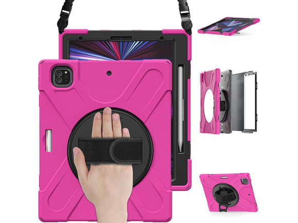 iPad Pro 12.9 (6/5/4th Gen) Shockproof Hybrid Kickstand w/ Shoulder Strap Case - Hot Pink