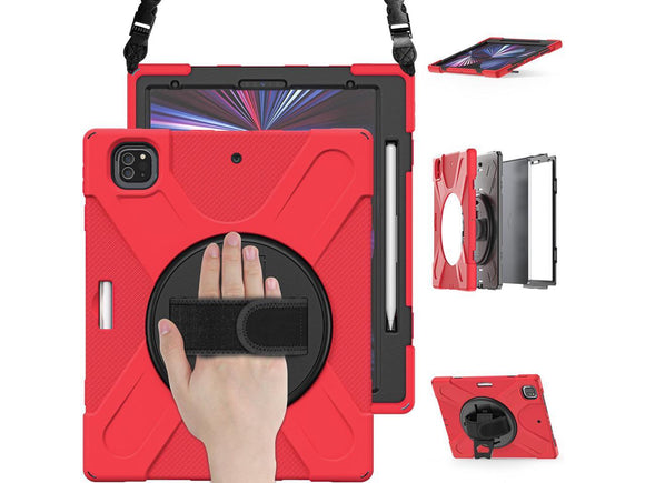 iPad Pro 12.9 (6/5/4th Gen) Shockproof Hybrid Kickstand w/ Shoulder Strap Case - Red