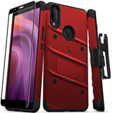 Alcatel 3V 2019 Case - ZIZO BOLT Series Built In Kickstand Holster and Full Glass Screen Protector - RED