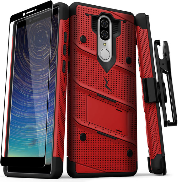 FOR COOLPAD LEGACY - BOLT CASE WITH BUILT IN KICKSTAND HOLSTER AND FULL GLASS SCREEN PROTECTOR- RED & BLACK