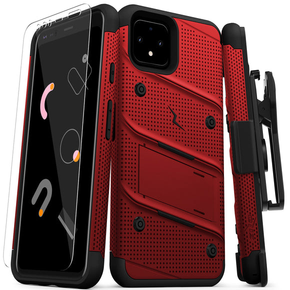 ZIZO BOLT GOOGLE PIXEL 4 XL CASE - BUILT-IN KICKSTAND BELT HOLSTER AND TEMPERED GLASS SCREEN PROTECTOR - RED/BLACK