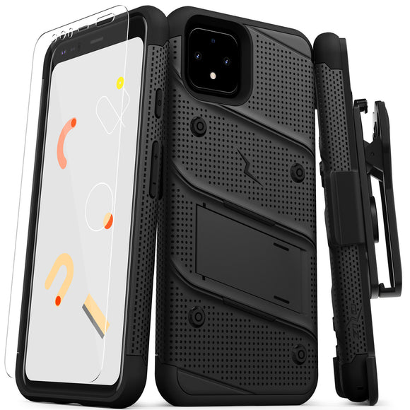 ZIZO BOLT GOOGLE PIXEL 4 CASE - BUILT-IN KICKSTAND BELT HOLSTER AND TEMPERED GLASS SCREEN PROTECTOR - BLACK/BLACK