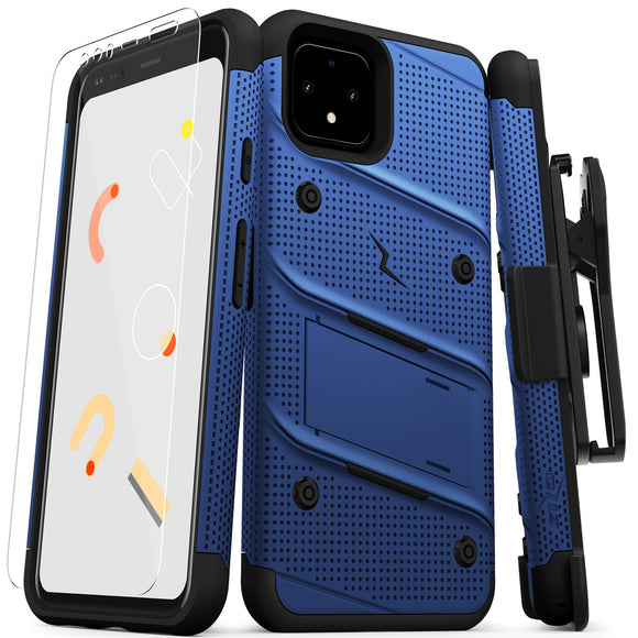 ZIZO BOLT GOOGLE PIXEL 4 CASE - BUILT-IN KICKSTAND BELT HOLSTER AND TEMPERED GLASS SCREEN PROTECTOR - BLUE/BLACK