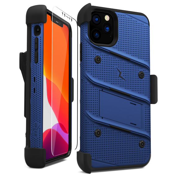 ZIZO BOLT IPHONE 11 PRO MAX (2019) CASE - BUILT-IN KICKSTAND BELT HOLSTER TEMPERED GLASS SCREEN PROTECTOR - Blue / Black