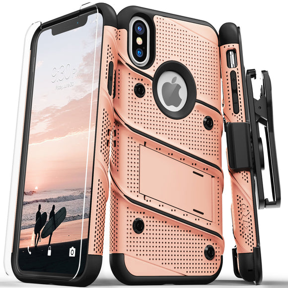 Zizo BOLT Series for iPhone XS/X with Built In Kickstand Holster and Screen Protector Rose Gold