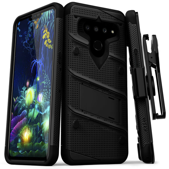 FOR LG V50 THINQ 5G - BOLT CASE WITH BUILT IN KICKSTAND AND HOLSTER BELT CLIP-BLACK & BLACK