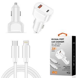 PD Dual Ports Car Charger Adapter Fast Charging with Type-C to Lightning Cable
