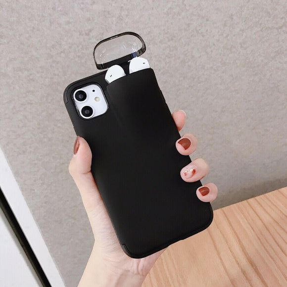 For Apple iPhone 11 Cover For AirPods Earphone Holder Hard Case - Black