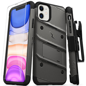 ZIZO BOLT SERIES IPHONE 11 (2019) CASE - BUILT-IN KICKSTAND BELT HOLSTER TEMPERED GLASS SCREEN PROTECTOR (GUN METAL GRAY/BLACK)