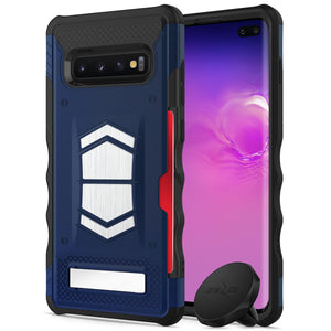 FOR SAMSUNG GALAXY S10 PLUS - ZIZO ELECTRO SERIES CASE WITH CARD SLOT BUILT IN MAGNET AIR VENT MAGNETIC HOLDER-Dark Blue& Black