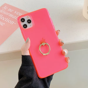 Transparent Neon Case With Finger Ring Holder Back Cover For iPhone 11 Promax- Pink