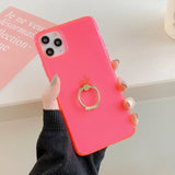 Transparent Neon Case With Finger Ring Holder Back Cover For iPhone 11 Promax- Pink