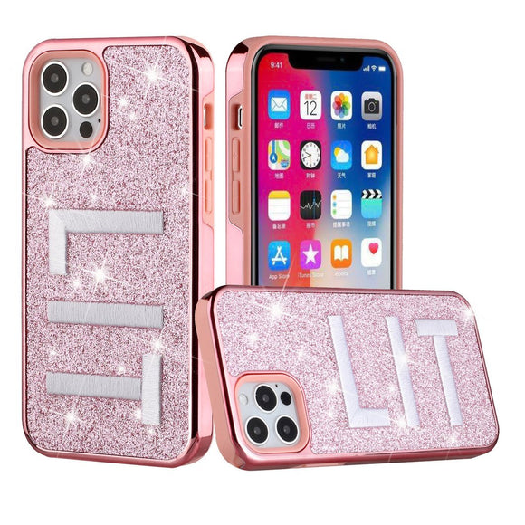 iPhone 12/Pro (6.1 Only) Embroidery Bling Glitter Chrome Hybrid Case Cover - LIT on Pink