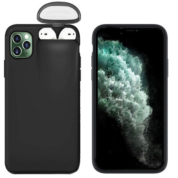 For Apple iPhone 11 Pro Max Cover For AirPods Earphone Holder Hard Case - Black