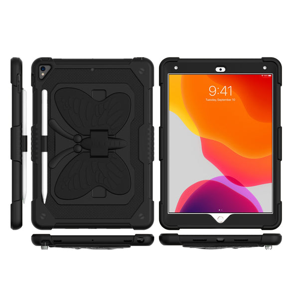 For Apple iPad 9th Gen 10.2 inch (2021) Butterfly Kickstand 3in1 Tough Hybrid Case Cover with Shoulder Strap - Black/Black