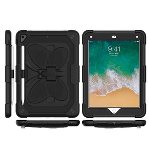 For Apple New iPad 9.7 inch Butterfly Kickstand 3in1 Tough Hybrid Case Cover with Shoulder Strap - Black/Black