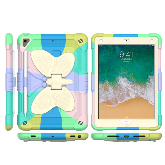 For Apple New iPad 9.7 inch Butterfly Kickstand 3in1 Tough Hybrid Case Cover with Shoulder Strap - Colorful Green