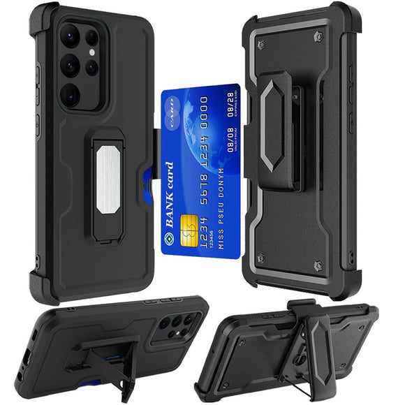 For Samsung S23 Ultra CARD Holster with Kickstand Clip Hybrid Case Cover - Black