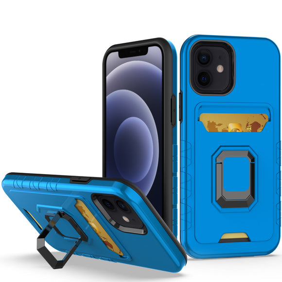For iPhone 14/13 6.1 Card Holder with Magnetic Ring Stand Hybrid Case Cover - Blue