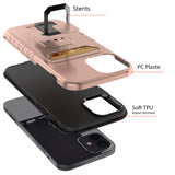 For iPhone 13 Pro Card Holder with Magnetic Ring Stand Hybrid Case Cover - Rose Gold