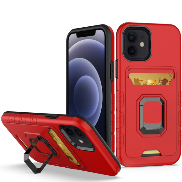 For iPhone 14/13 6.1 Card Holder with Magnetic Ring Stand Hybrid Case Cover - Red