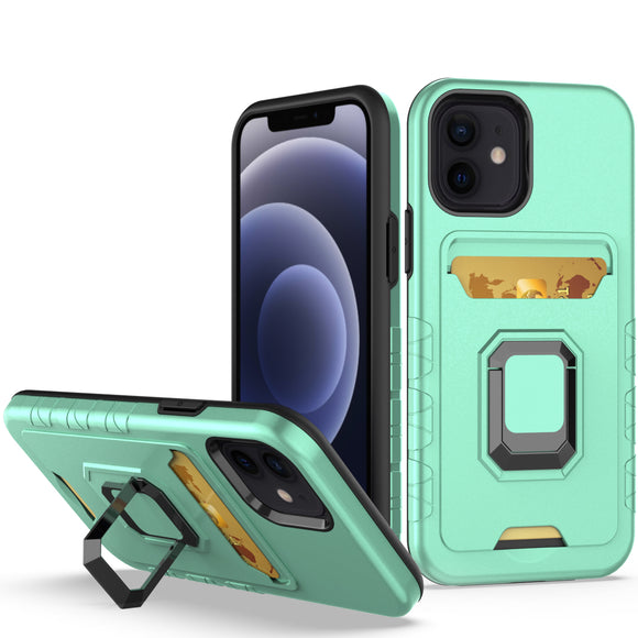For iPhone 14/13 6.1 Card Holder with Magnetic Ring Stand Hybrid Case Cover - Teal