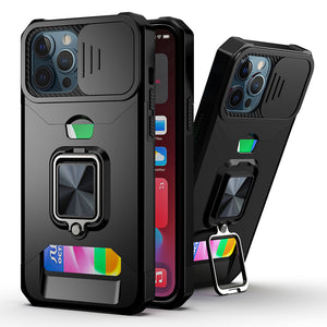 For Apple iPhone 14 PRO MAX 6.7" Multi-Functional Card Magnetic Ring Stand Hybrid Camera Case Cover - Black