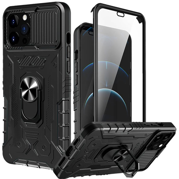 For iPhone 13 Pro Max Defense 360 Camera & Tempered with Magnetic Ring Stand Hybrid Case Cover - Black