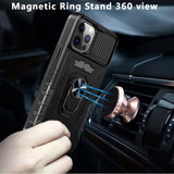 For iPhone 13 Pro Max Defense 360 Camera & Tempered with Magnetic Ring Stand Hybrid Case Cover - Black