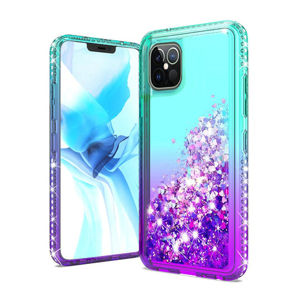iPhone 12/Pro (6.1 Only) Two-Tone Quicksand Glitter Cover Case - Teal+Purple