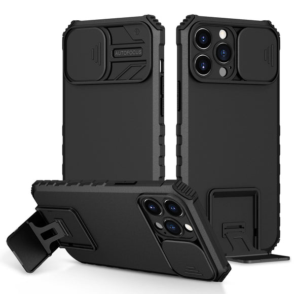 For iPhone 13 Pro Max Easy Viewing Kickstand Camera Protection Hybrid Case Cover - Black