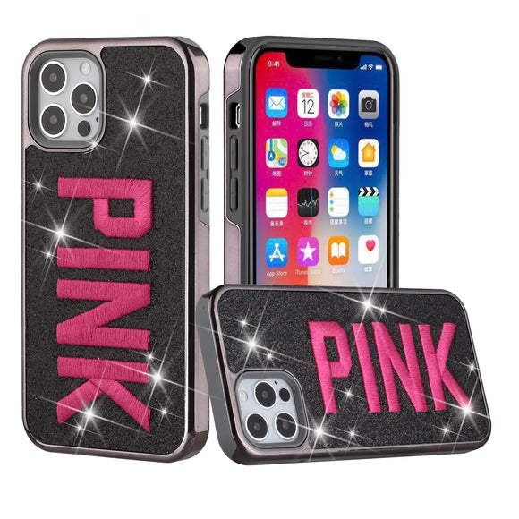 For iPhone 13 Pro Embroidery Bling Glitter Chrome Hybrid Case Cover - Pink on Black