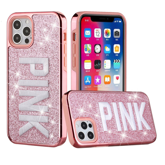 For iPhone 13 6.1 Embroidery Bling Glitter Chrome Hybrid Case Cover - Pink on Pink