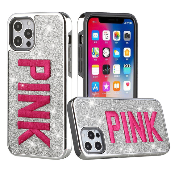 For iPhone 14/13 6.1 Embroidery Bling Glitter Chrome Hybrid Case Cover - Pink on Silver