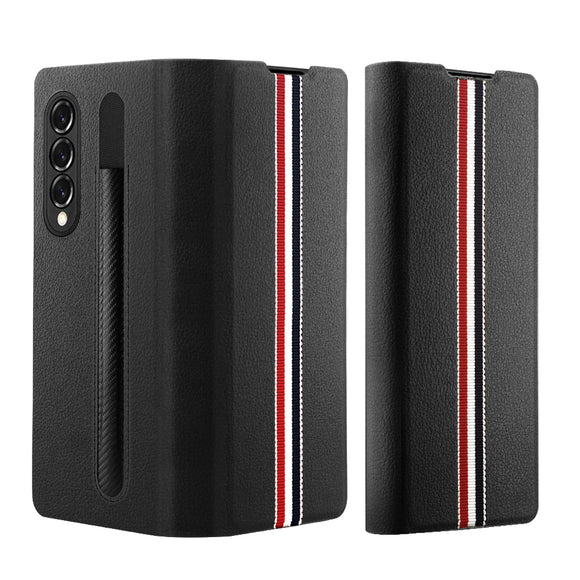 For Samsung Galaxy Z Fold3 5G Magnetic Premium Surfaced Oil Snap-On with Stylus Holder Case - Black