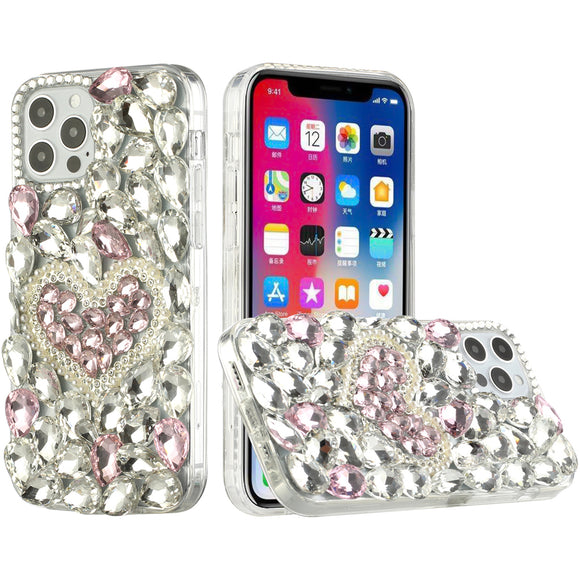 For iPhone 13 Pro Max Full Diamond with Ornaments Hard TPU Case Cover - Hearty Pink Pearl Heart