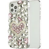 For iPhone 13 Pro Max Full Diamond with Ornaments Hard TPU Case Cover - Hearty Pink Pearl Heart