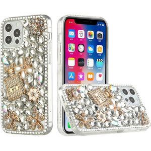 For iPhone 13 Pro Max Full Diamond with Ornaments Hard TPU Case Cover - Pearl Flowers with Perfume