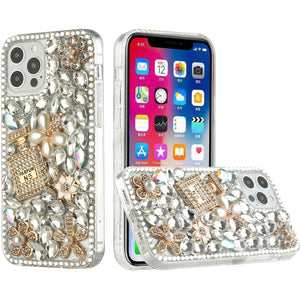 For Apple iPhone 14 PRO MAX 6.7" Full Diamond with Ornaments Hard TPU Case Cover - Pearl Flowers with Perfume