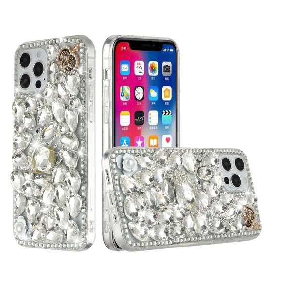 For iPhone 13 Pro Max Full Diamond with Ornaments Hard TPU Case Cover - Silver Swan Crown Pearl