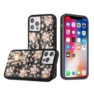 For Apple iPhone 14 PRO MAX 6.7" Full Diamond with Ornaments Case Cover - Black Panda Floral