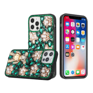 For Apple iPhone 14 Plus 6.7" Full Diamond with Ornaments Case Cover - Green Panda Floral