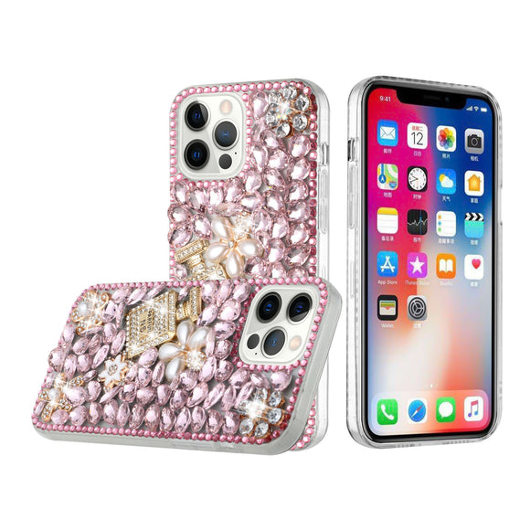 For iPhone 13 Pro Max Full Diamond with Ornaments Case Cover - Pearl Flowers with Perfume Light Pink