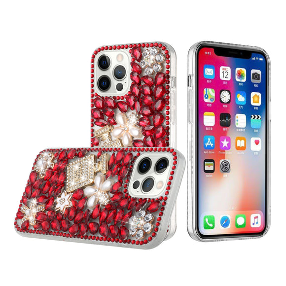 For iPhone 13 6.1 Full Diamond with Ornaments Case Cover - Pearl Flowers with Perfume Red