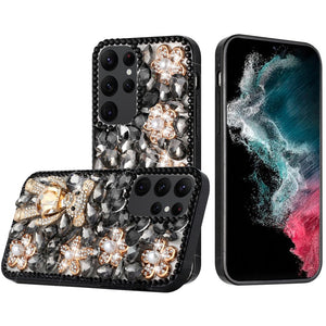 For Samsung S23 Ultra Full Diamond with Ornaments Case Cover - Black Panda Floral