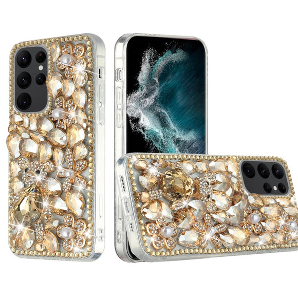 For Samsung S23 Ultra Full Diamond with Ornaments Hard TPU Case Cover - Gold Panda Floral