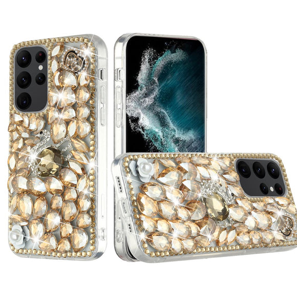 For Samsung S23 Plus Full Diamond with Ornaments Hard TPU Case Cover - Gold Swan Crown Pearl