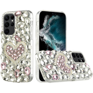 For Samsung S23 Full Diamond with Ornaments Hard TPU Case Cover - Hearty Pink Pearl Heart