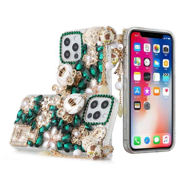 For iPhone 13 Pro Max Full Diamond with Ornaments Case Cover - Ultimate Multi Ornament Green